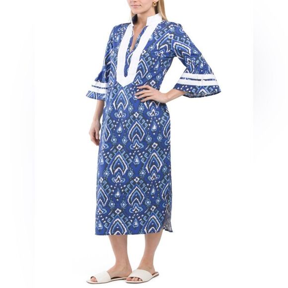 SAIL TO SABLE Bell Sleeve Caftan Midi Dress Cotton Ikat Navy Blue White XS NWT - Picture 1 of 9